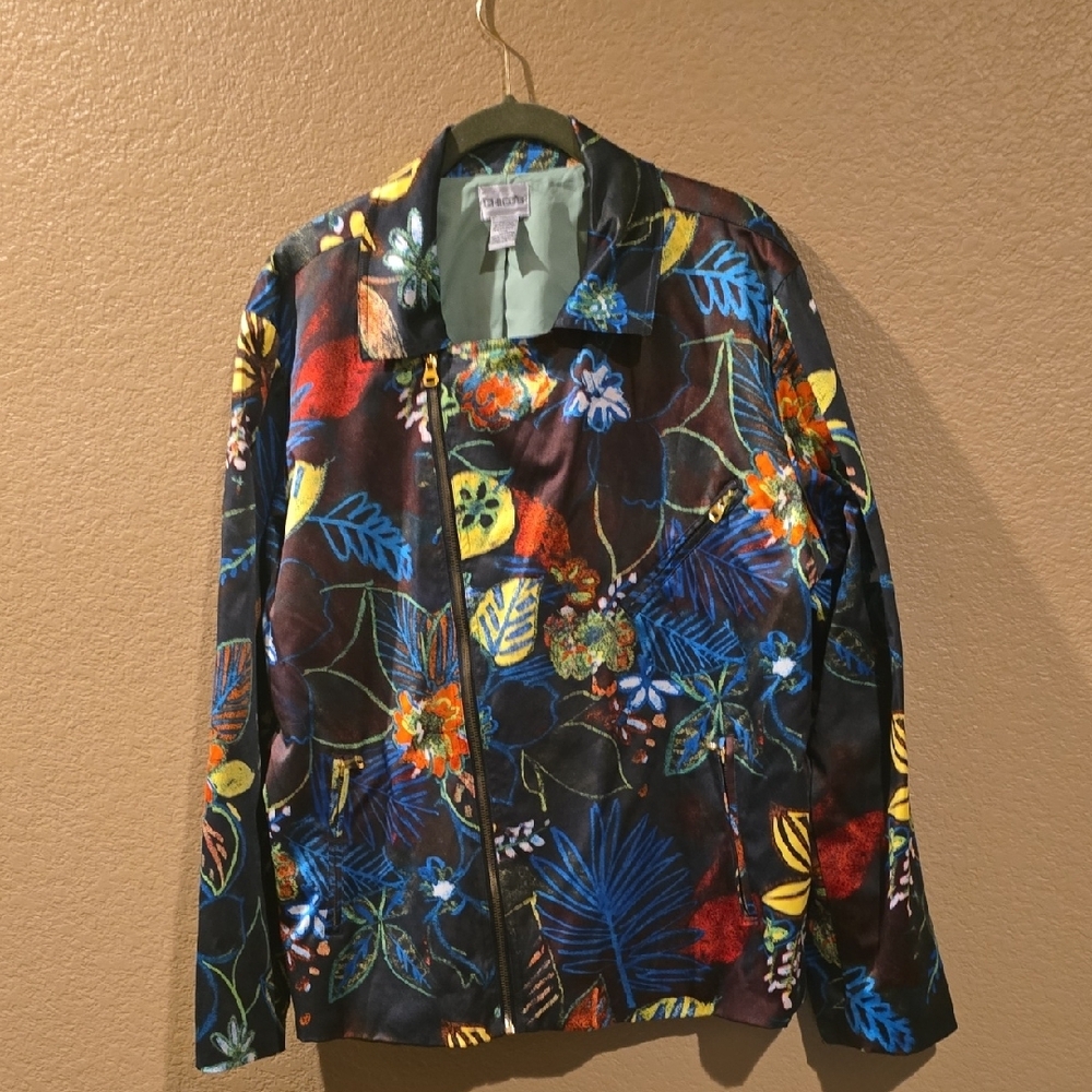 CHICOS Floral Patterned ZIP Jacket Size 3